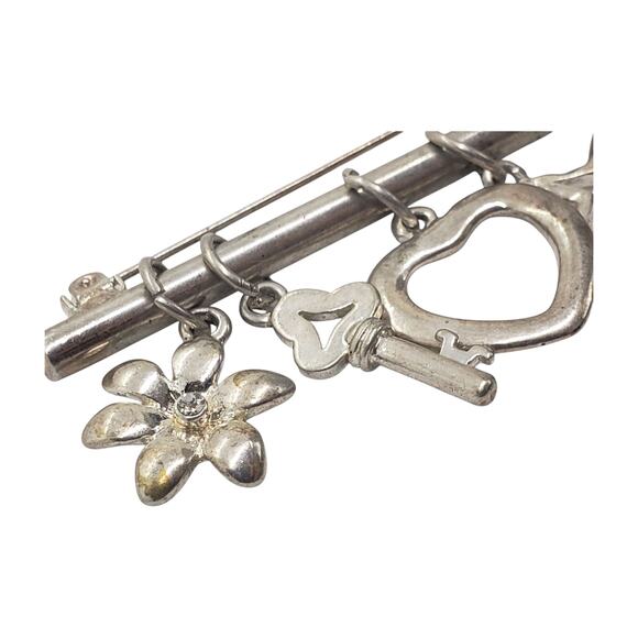 Vtg Silver Tone Charm Brooch Pin Flower Rhinestone Key Heart Star Dangle Costume - Picture 3 of 10